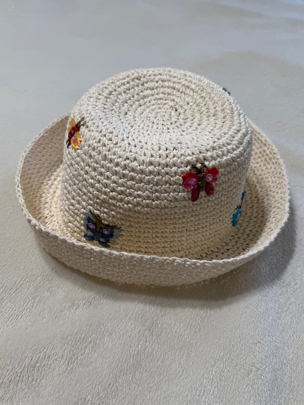 August Foldable Cream Crochet Sun Hat with Colorful Butterfly Appliqués